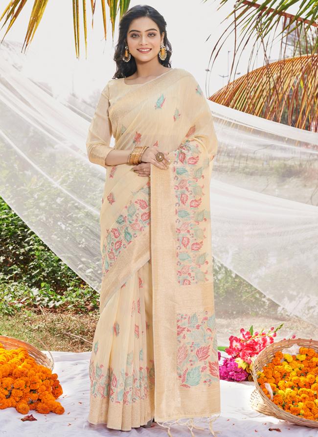 Cotton Beige Traditional Wear Digital Printed Saree
